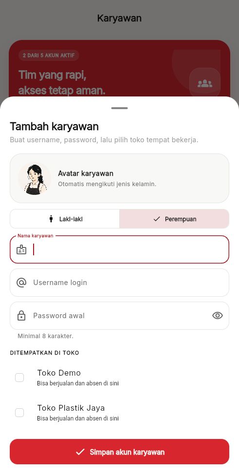 Tampilan Akun Karyawan di aplikasi Kasora