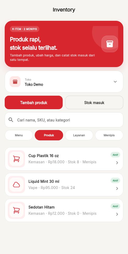 Tampilan Inventory di aplikasi Kasora
