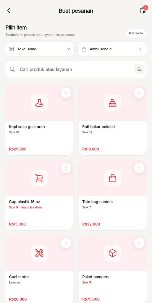 Tampilan Buat Pesanan di aplikasi Kasora
