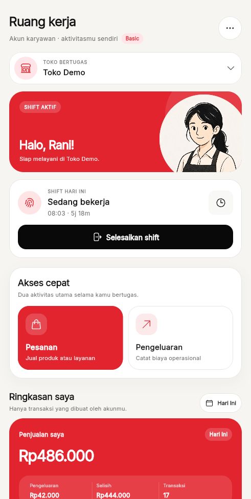 Tampilan Home Karyawan di aplikasi Kasora